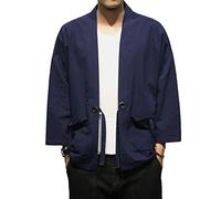 PRIJOUHE Hommes de Style Japonais Kimono Cardigan Veste de Coton Mélange de Lin Sept Manches Couleur unie Avant Ouvert - - Taille XL