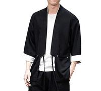 PRIJOUHE Hommes de Style Japonais Kimono Cardigan Veste de Coton Mélange de Lin Sept Manches Couleur unie Avant Ouvert - - Taille XL