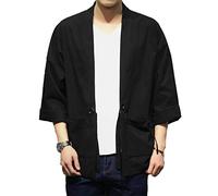 PRIJOUHE Hommes de Style Japonais Kimono Cardigan Veste de Coton Mélange de Lin Sept Manches Couleur unie Avant Ouvert - Noir - Taille L