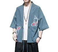 PRIJOUHE Hommes Kimono Vestes Cardigan Léger Casual Coton Mélange Lin Sept Manches Ouvert Front Manteau Outwear - - Taille M