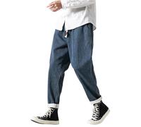 PRIJOUHE Jean pour Homme avec Cordon de Serrage à la Taille élastique - Coupe Droite - Jambe effilée, 06 - Bleu, Taille XL
