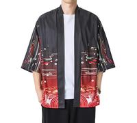 PRIJOUHE Kimono léger à manches sept pour homme - Cardigan ouvert sur le devant - Style japonais, 07-rouge noir, Medium