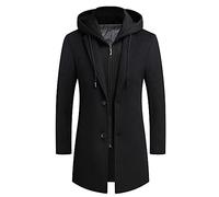 PRIJOUHE Manteau en laine à capuche pour homme - Trench long - En coton - Style décontracté, Noir, XL