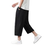 PRIJOUHE Pantalon sarouel décontracté et léger pour homme - Coupe ample - En lin - Avec taille élastique, 01 Noir, Taille L