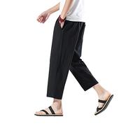 PRIJOUHE Pantalon sarouel décontracté léger pour homme Coupe ample Pantalon de plage en lin avec taille élastique, Noir 69, Taille M