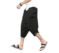 PRIJOUHE Pantalon sarouel décontracté pour homme Coton Lin Jambe large élastique Taille Capri Loose Baggy Pantalon avec poches - Noir - XXX-Large