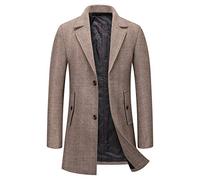 PRIJOUHE Trench en laine pour homme à simple boutonnage, coupe ajustée, col cranté mi-long, manteau d'hiver matelassé caban, Café-02, M