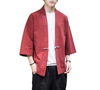 PRIJOUHE Veste Kimono Cardigan Décontracté Mélange de Coton Lin 7 Manches Ouvertes Avant Broderie - - Medium