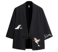 PRIJOUHE Veste Kimono Cardigan Japonais pour Hommes Mode Plus Grande Taille Yukata Décontractée en Coton et Lin à Sept Manches Légère, Noir 3, Large