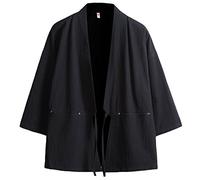PRIJOUHE Veste Kimono Cardigan Japonais pour Hommes Mode Plus Grande Taille Yukata Décontractée en Coton et Lin à Sept Manches Légère, noir 1, Medium