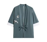 PRIJOUHE Veste kimono japonaise Yukata Noragi pour homme, décontracté, tendance, sept manches, léger, ouvert sur le devant, 03 - Vert, Large