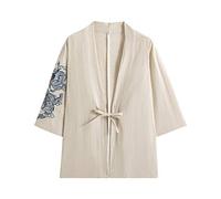 PRIJOUHE Veste kimono japonaise Yukata Noragi pour homme, décontracté, tendance, sept manches, léger, ouvert sur le devant, 02 - Beige, Small