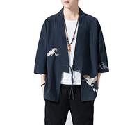 PRIJOUHE Veste kimono légère et décontractée en coton mélangé à sept manches ouvertes sur le devant pour homme, C-marine 1, XX-Large