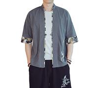 PRIJOUHE Veste kimono légère et décontractée en coton mélangé à sept manches ouvertes sur le devant pour homme, Gris-f11, Large