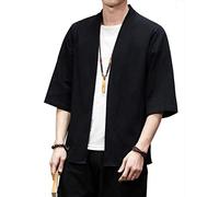 PRIJOUHE Veste kimono légère et décontractée en coton mélangé à sept manches ouvertes sur le devant pour homme, noir 1, Medium