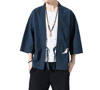 PRIJOUHE Veste kimono légère et décontractée en coton mélangé et lin à 7 manches ouvertes sur le devant pour homme - - Large