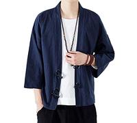 PRIJOUHE Veste kimono légère et décontractée en coton mélangé et lin à 7 manches ouvertes sur le devant pour homme - - Large