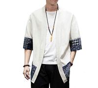 PRIJOUHE Veste kimono légère et décontractée pour homme en mélange de coton et lin à sept manches ouvertes sur le devant, Beige (01), XX-Large