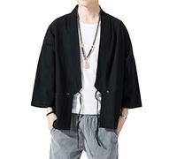 PRIJOUHE Veste kimono légère et décontractée pour homme en mélange de coton et lin à sept manches ouvertes sur le devant, 13 Noir, Large