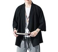 PRIJOUHE Veste kimono légère et décontractée pour homme en mélange de coton et lin à sept manches ouvertes sur le devant, 06 Noir, XX-Large
