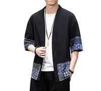 PRIJOUHE Veste kimono légère et décontractée pour homme en mélange de coton et lin à sept manches ouvertes sur le devant, 01 Noir, Taille S