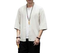 PRIJOUHE Veste kimono légère et décontractée pour homme en mélange de coton et lin à sept manches ouvertes sur le devant, Beige (02), Medium