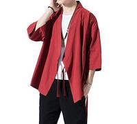 PRIJOUHE Vestes Kimono Cardigan pour Homme Légères Décontractées Mélanges de Coton et Lin à Sept Manches Ouverture Devant Manteau Vêtement d'Extérieur, 06 Rouge, Small