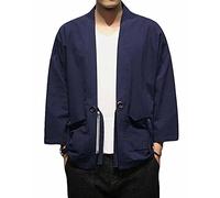 PRIJOUHE Vestes kimono décontractées pour homme en coton mélangé à 7 manches ouvertes sur le devant avec broderie, Marine 707, Medium