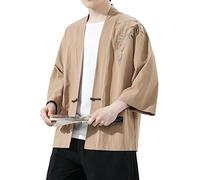 PRIJOUHE Vestes kimono pour hommes cardigan décontracté en coton mélangé lin manches sept manches ouvert sur le devant brodé manteau, 35-Jaune, Large