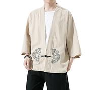 PRIJOUHE Vestes kimono pour hommes cardigan décontracté en coton mélangé lin manches sept manches ouvert sur le devant brodé manteau, 31-beige, Large