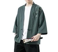 PRIJOUHE Vestes kimono pour hommes cardigan décontracté en coton mélangé lin manches sept manches ouvert sur le devant brodé manteau, 35-Vert, XX-Large