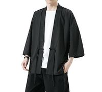 PRIJOUHE Vestes kimono pour hommes cardigan décontracté en coton mélangé lin manches sept manches ouvert sur le devant brodé manteau, 36-noir, Taille L