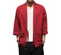 PRIJOUHE Vestes kimono pour hommes cardigan décontracté en coton mélangé lin manches sept manches ouvert sur le devant brodé manteau, Rouge 707, Taille M