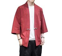 PRIJOUHE Vestes kimono pour hommes cardigan décontracté en coton mélangé lin manches sept manches ouvert sur le devant brodé manteau, Rouge-17, Medium