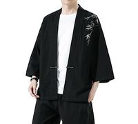 PRIJOUHE Vestes kimono pour hommes cardigan décontracté en coton mélangé lin manches sept manches ouvert sur le devant brodé manteau, 35-noir, Large