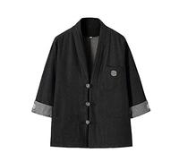 PRIJOUHE Yukata Cardigan kimono japonais pour homme, grande taille, en coton et lin, à sept manches, léger, Noir-s001, X-Large
