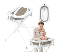 Primabobo Baignoire Bébé Milo Pliable avec Support et Transat de Bain, Thermomètre Électronique LCD et Tuyau de Vidange Inclus, Kit de Bain Complet et Stable, Marron