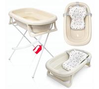 Primabobo Baignoire Bébé Pliable avec Support et Coussin Comfy - Baignoire pour Nouveau-né, Élégante, Antidérapante, Compacte et Facile à Ranger - Beige