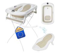 Primabobo Kit de Bain Bébé LUX : Baignoire Pliable avec Thermomètre Électronique, Transat de Bain et Support Stable, Ensemble de Bain Complet pour Nouveau-né, Beige