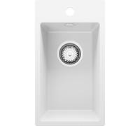 PRIMAGRAN Evier Cuisine en Granit au Meuble 30cm + Kit de Vidage, 28x50cm | Set: Kit de Vidage (Siphon, bonde d’évacuation, trop-plein) + Lavabo 1 Bac - Riga, Blanc