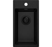 PRIMAGRAN Evier Cuisine en Granit au Meuble 30cm + Kit de Vidage, 28x50cm | Set: Kit de Vidage (Siphon, bonde d’évacuation, trop-plein) + Lavabo 1 Bac - Riga, Tout Noir