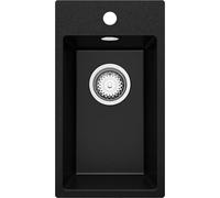 PRIMAGRAN Evier Cuisine en Granit au Meuble 30cm + Kit de Vidage, 28x50cm | Set: Kit de Vidage (Siphon, bonde d’évacuation, trop-plein) + Lavabo 1 Bac - Riga, Noir