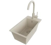 PRIMAGRAN Evier Cuisine en Granit au Meuble 30cm + Robinet, 28x50cm | Set: Robinet BW5010 + Kit de Vidage (Siphon, bonde d’évacuation, trop-plein) + Lavabo 1 Bac - Riga, Tout Beige