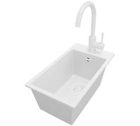 PRIMAGRAN Evier Cuisine en Granit au Meuble 30cm + Robinet, 28x50cm | Set: Robinet BW5010 + Kit de Vidage (Siphon, bonde d’évacuation, trop-plein) + Lavabo 1 Bac - Riga, Tout Blanc