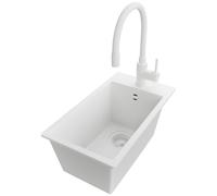 PRIMAGRAN Evier Cuisine en Granit au Meuble 30cm + Robinet, 28x50cm | Set: Robinet BW6020 + Kit de Vidage (Siphon, bonde d’évacuation, trop-plein) + Lavabo 1 Bac - Riga, Tout Blanc