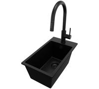 PRIMAGRAN Evier Cuisine en Granit au Meuble 30cm + Robinet, 28x50cm | Set: Robinet BW9010 + Kit de Vidage (Siphon, bonde d’évacuation, trop-plein) + Lavabo 1 Bac - Riga, Tout Noir
