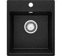 PRIMAGRAN Evier Cuisine en Granit au Meuble 40cm + Kit de Vidage, 38x44cm | Set: Kit de Vidage (Siphon, bonde d’évacuation, trop-plein) + Lavabo 1 Bac - Riga, Noir Métallisé