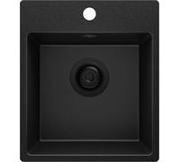PRIMAGRAN Evier Cuisine en Granit au Meuble 40cm + Kit de Vidage, 38x44cm | Set: Kit de Vidage (Siphon, bonde d’évacuation, trop-plein) + Lavabo 1 Bac - Riga, Tout Noir