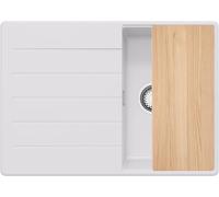 PRIMAGRAN Evier Cuisine en Granit au Meuble 40cm + Kit de Vidage, 70x50cm | Set: Kit de Vidage (Siphon, bonde d’évacuation, trop-plein) + Planche à Découper + Lavabo 1 Bac - Copenhague Top, Blanc