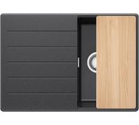 PRIMAGRAN Evier Cuisine en Granit au Meuble 40cm + Kit de Vidage, 70x50cm | Set: Kit de Vidage (Siphon, bonde d’évacuation, trop-plein) + Planche à Découper + Lavabo 1 Bac - Copenhague Top, Graphite